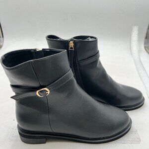 Black Round Toe Ankle Boots with Zippers Block Heels Strap Buckle Ladies Booties